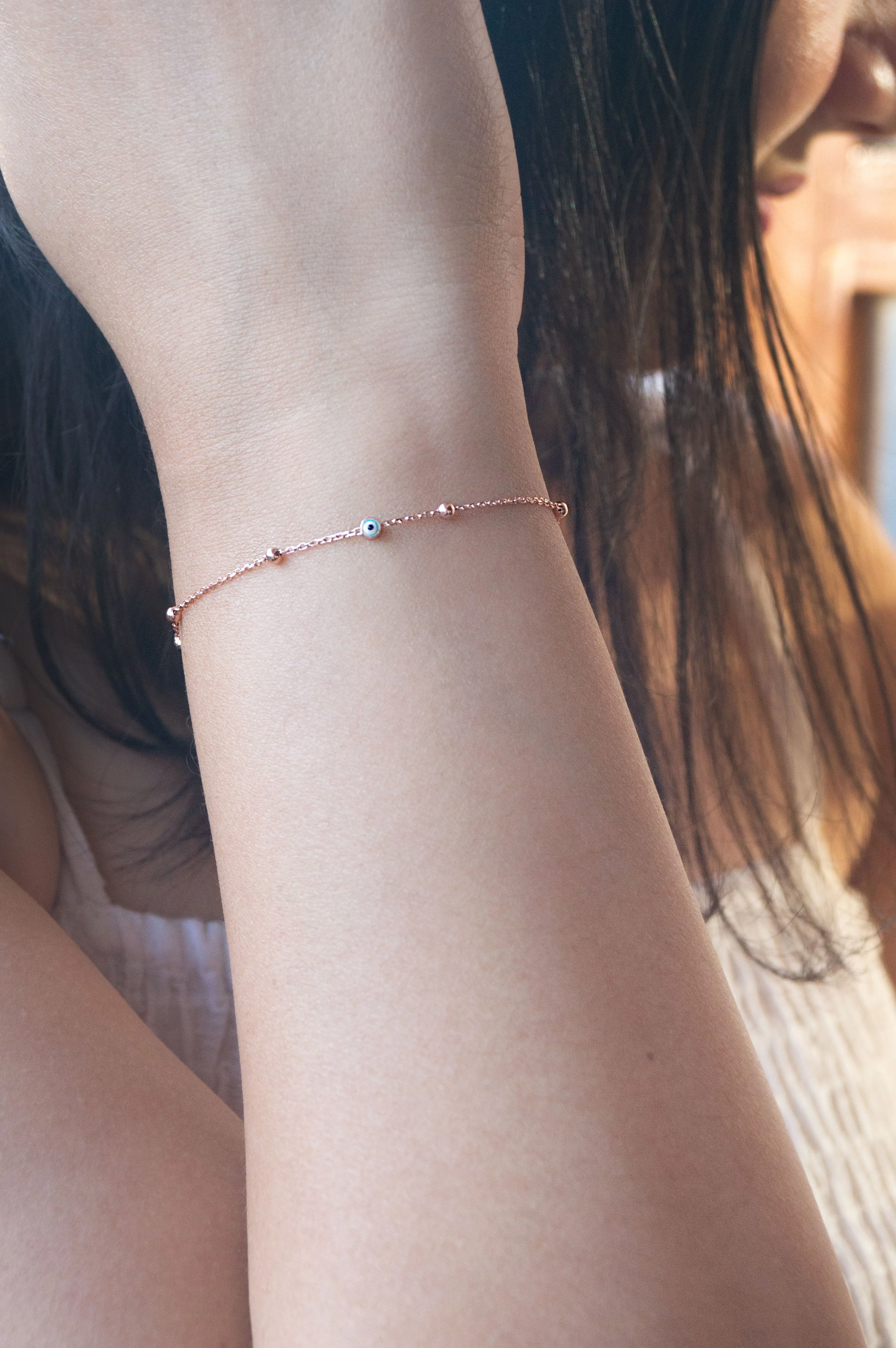 Playful Evil Eye Rose Gold Plated Sterling Silver Chain Bracelet