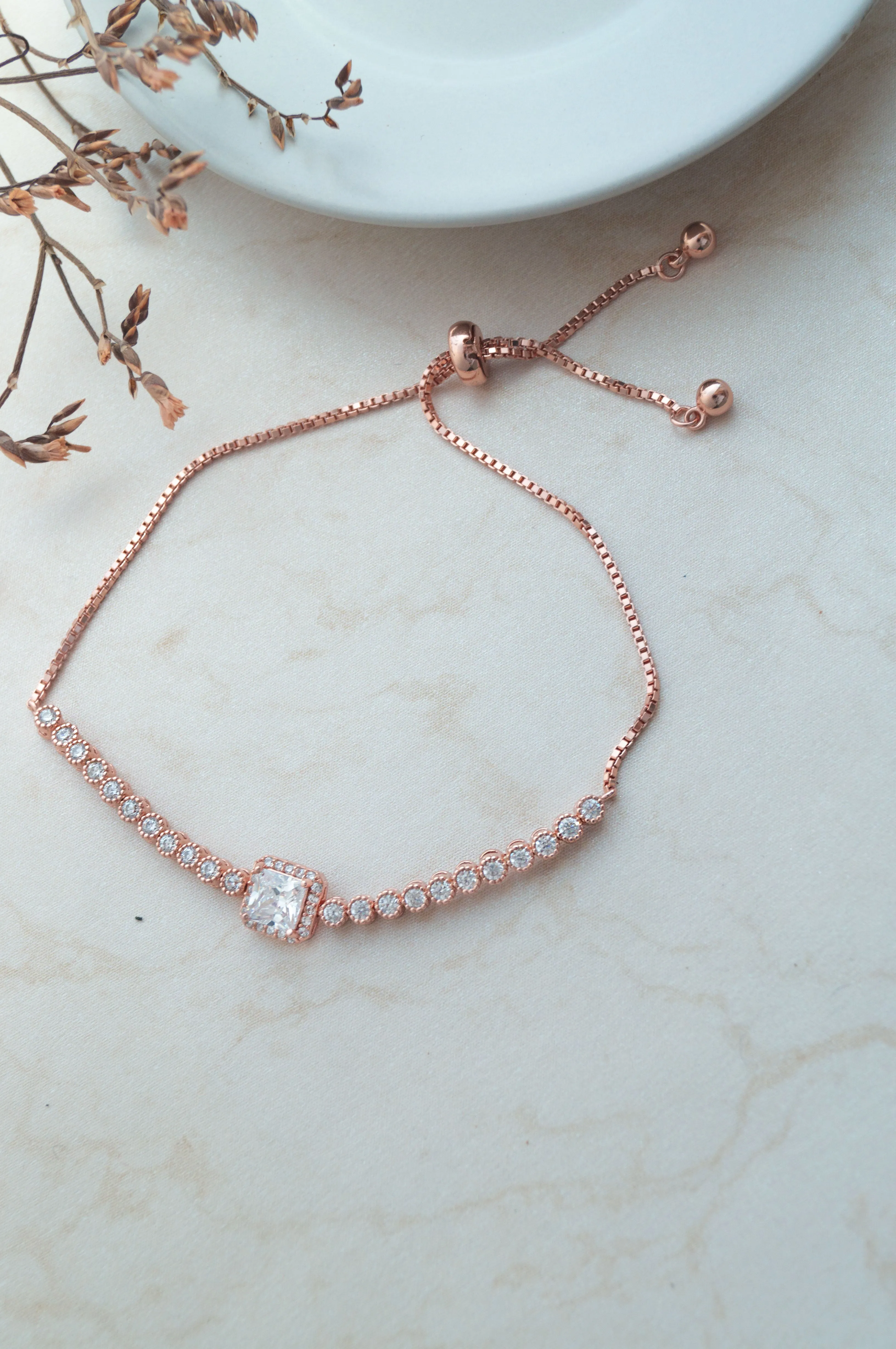 Princess Solitaire Rose Gold Plated Sterling Silver Adjustable Bracelet