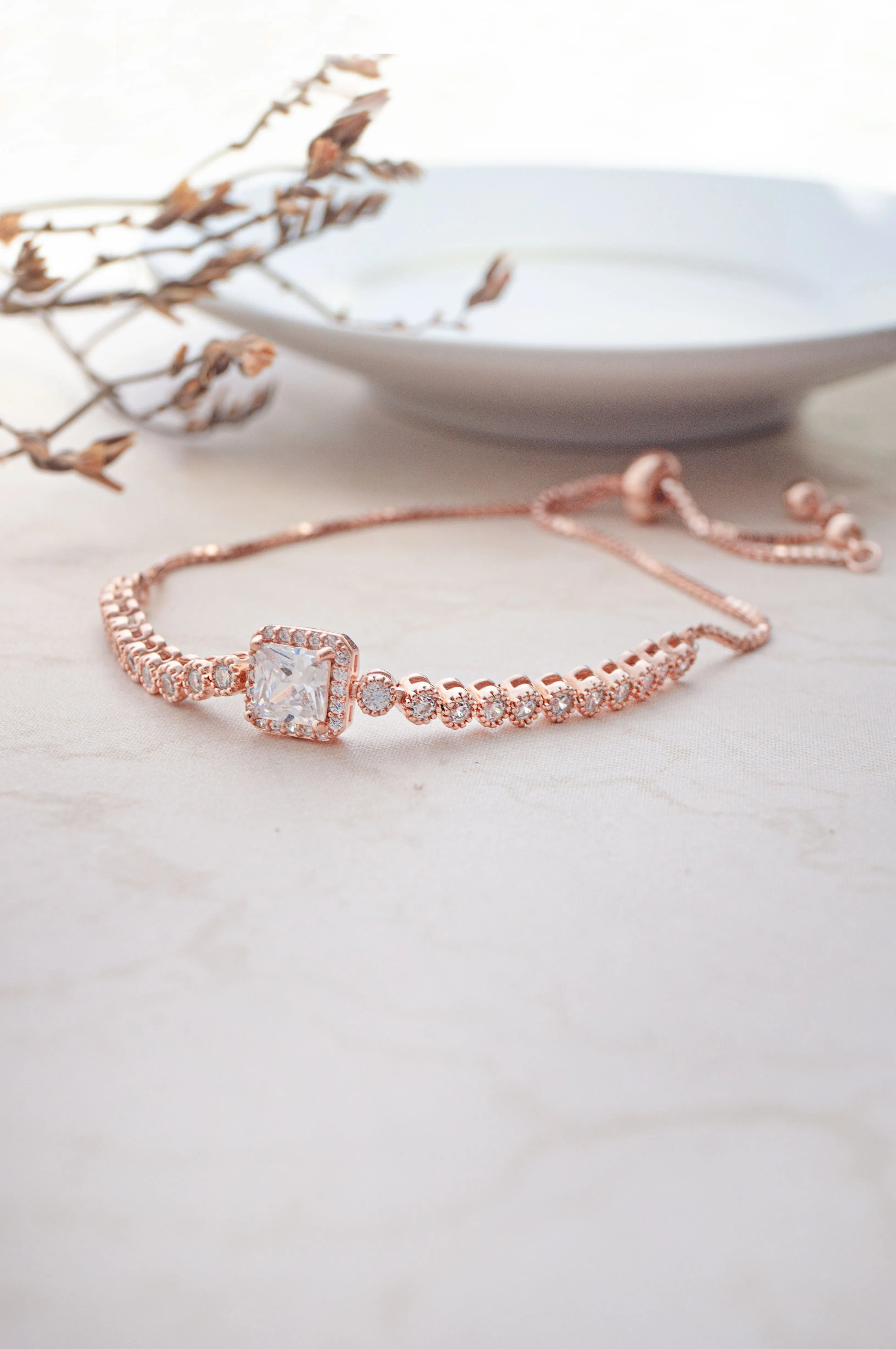 Princess Solitaire Rose Gold Plated Sterling Silver Adjustable Bracelet