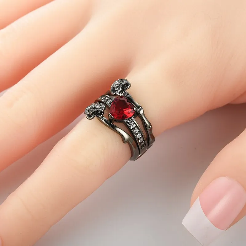 Red Crystal and Black Rose Flower Wedding Ring