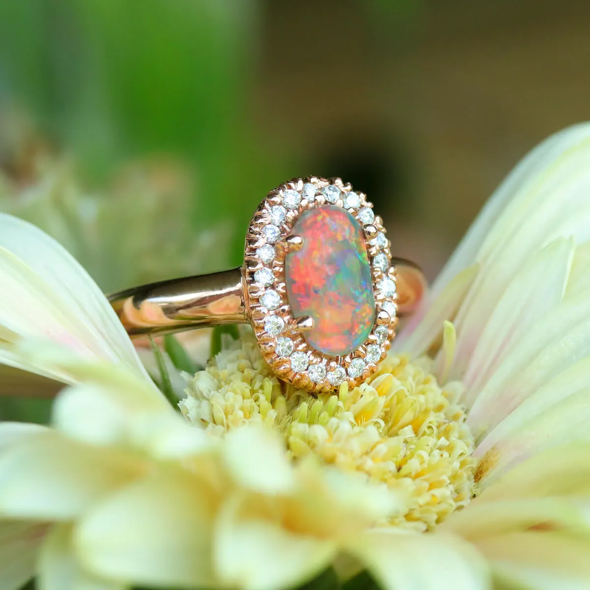 Red Crystal Opal Halo Ring