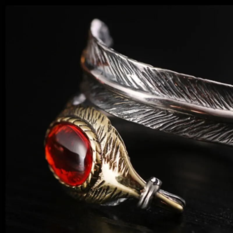 Red Cubic Zirconia Feather 925 Sterling Silver Handmade Vintage Ring