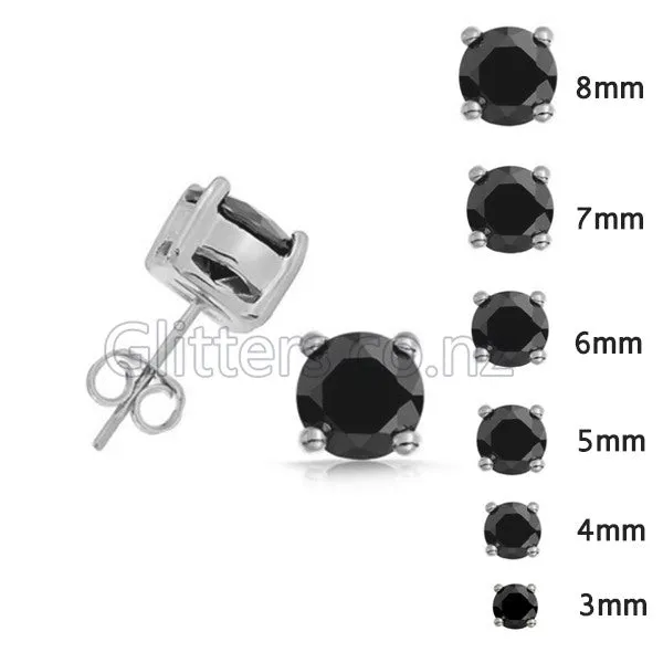 Rhodium Plated Black Round Cubic Zirconia Studs Earrings-3mm | 4mm | 5mm | 6mm | 7mm | 8mm