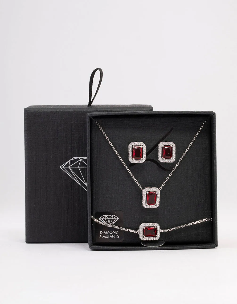 Rhodium Ruby Diamond Simulant Halo Jewellery Set