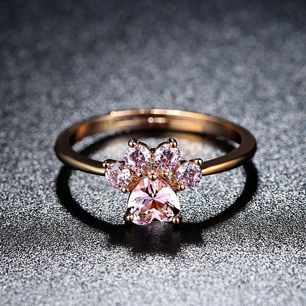 Rose-Gold-Plated Kitty Paw Cubic Zirconia Adjustable Ring