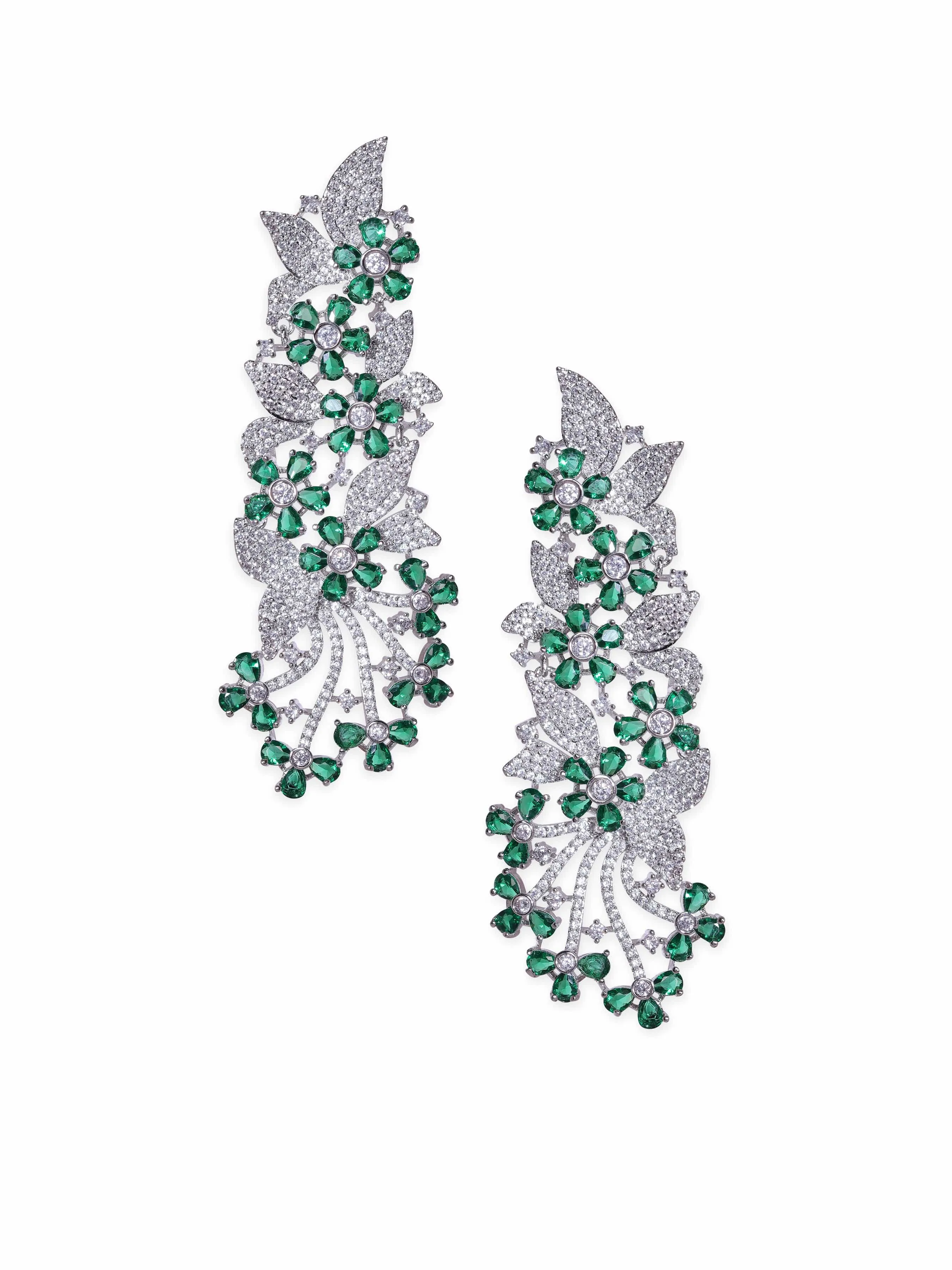 Rubans Rhodium Plated Zirconia and Emerald Studded Chandelier Earrings