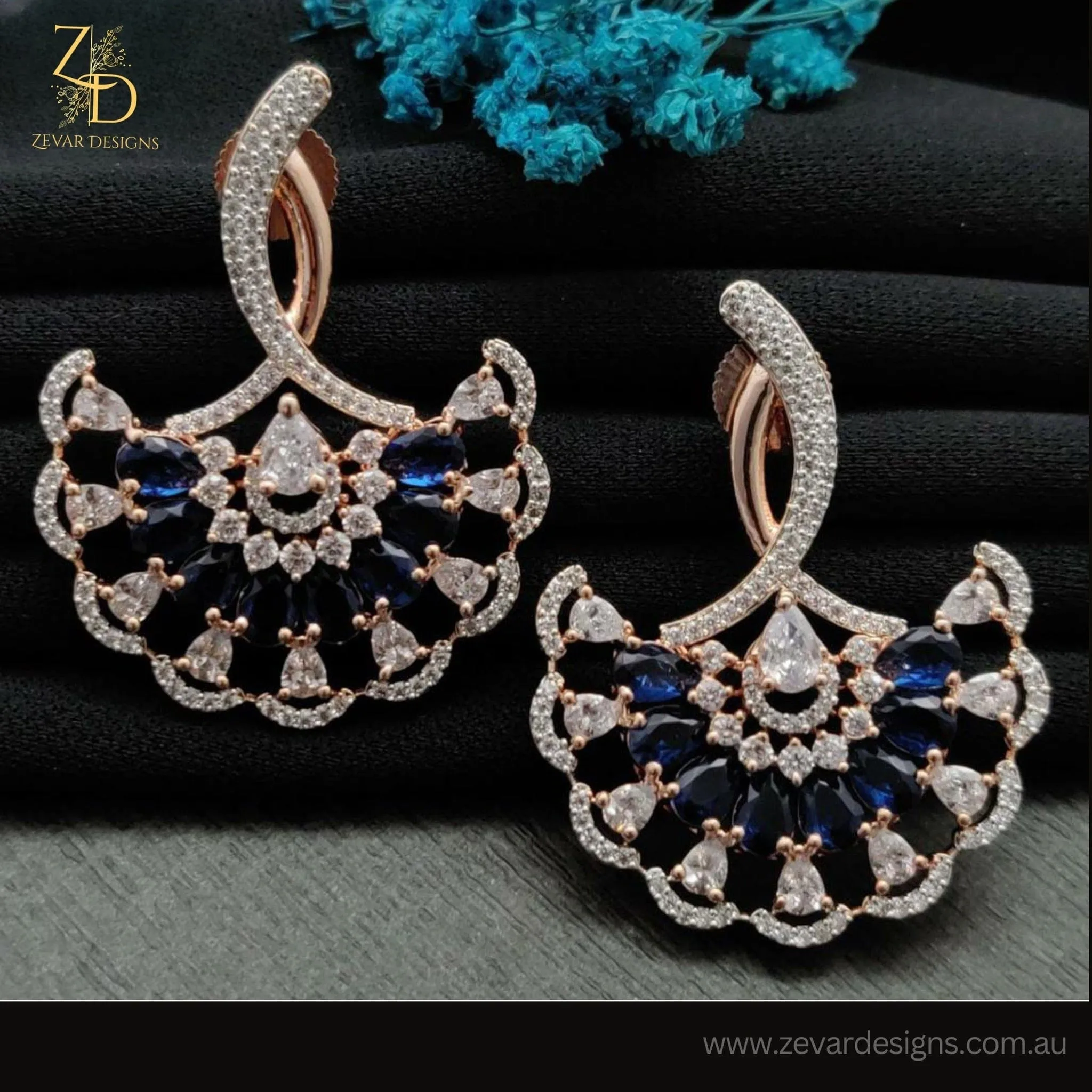 Sapphire Blue AD Earrings - Rose Gold Finish