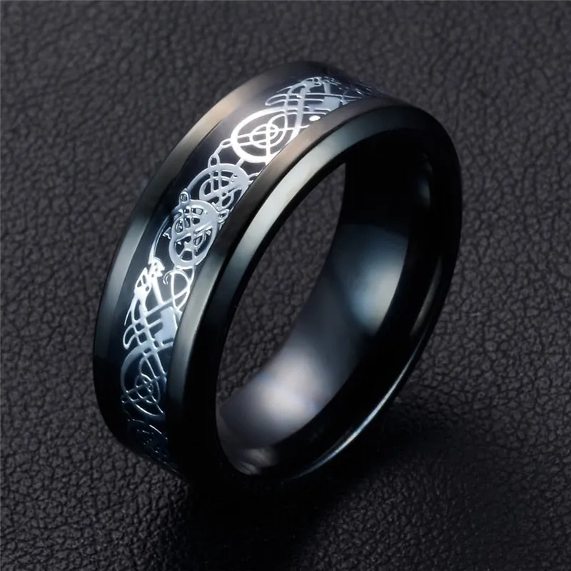 Silver Celtic Dragon Inlay and White Heart Cubic Zirconia Claddagh Stainless Steel Wedding Ring Set