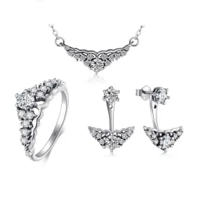 Silver Cubic Zirconia Crown 925 Sterling Silver Necklace, Stud Earrings & Ring Fashion Wedding Jewelry Set