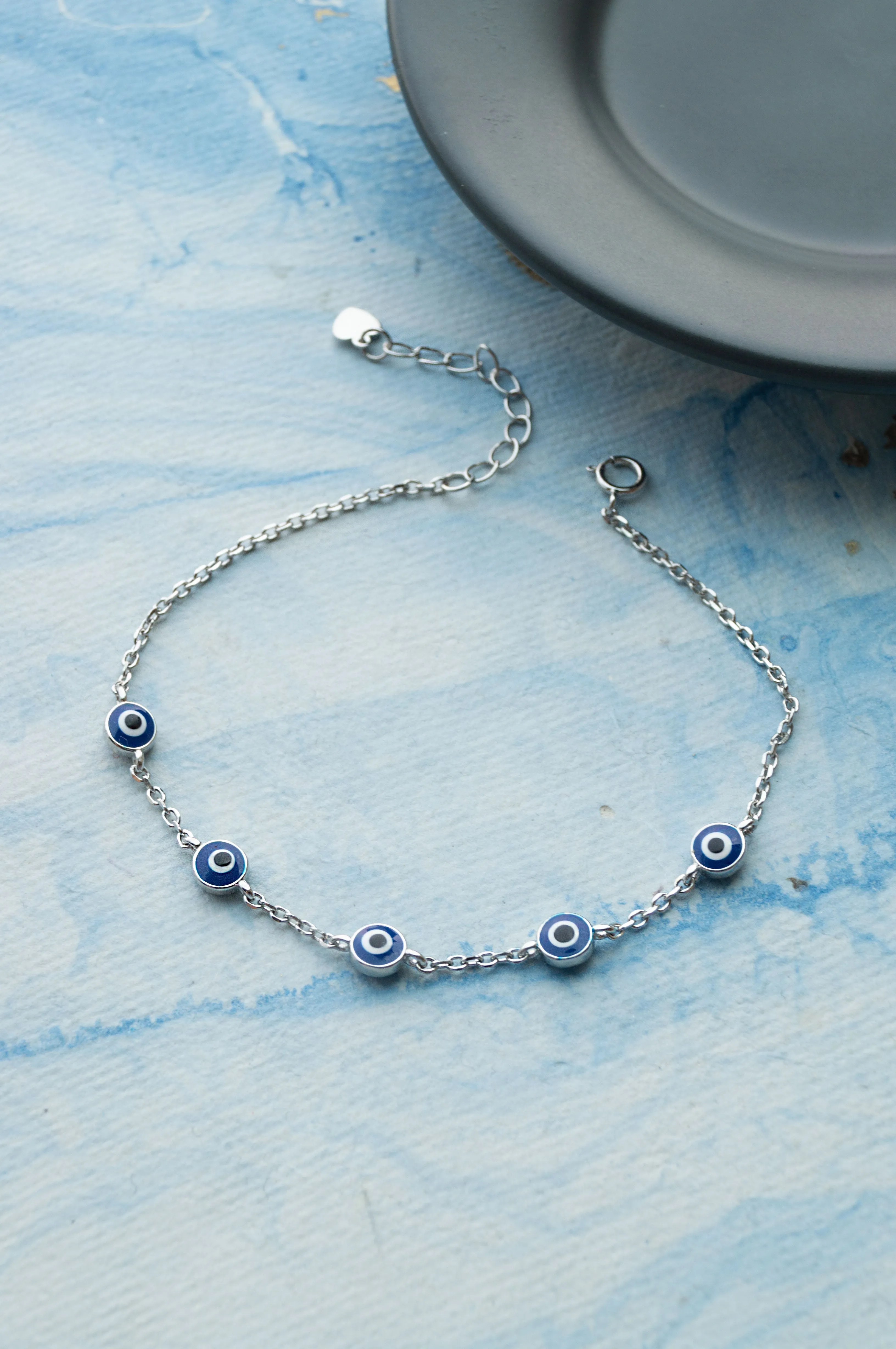 Stationed Protection Evil Eye Sterling Silver Chain Bracelet