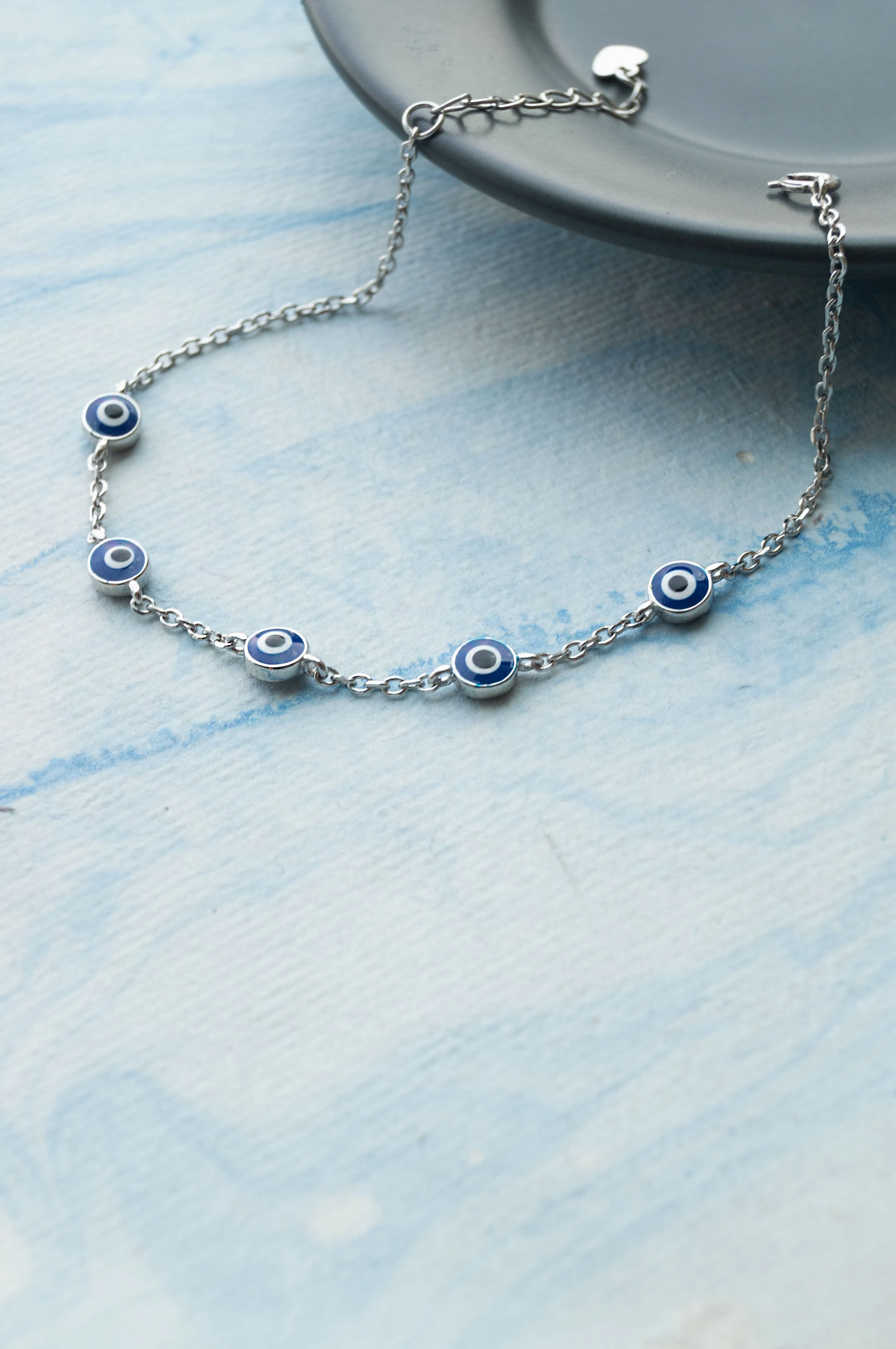 Stationed Protection Evil Eye Sterling Silver Chain Bracelet