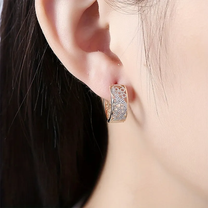 Sterling 925 Silver Ear Jewelry Golden & Silvery Color Hollow Carved Hoop Earrings Luxury Court Style Banquet Ornaments