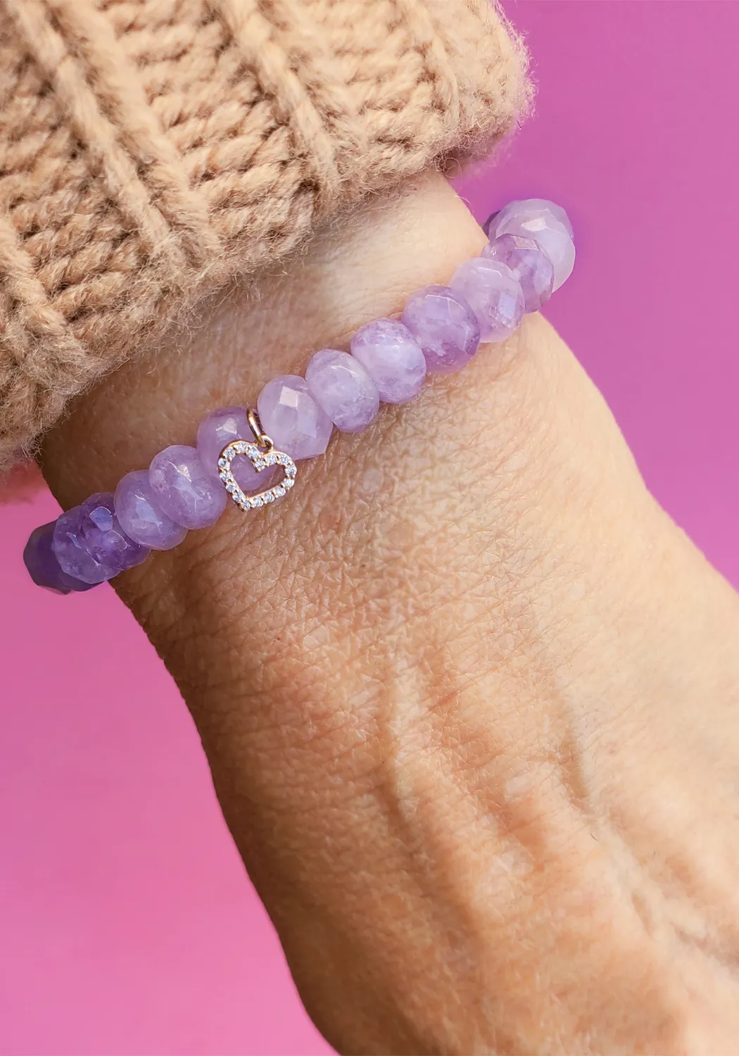 Sydney Diamond Heart Charm Lavender Amethyst Bead Bracelet