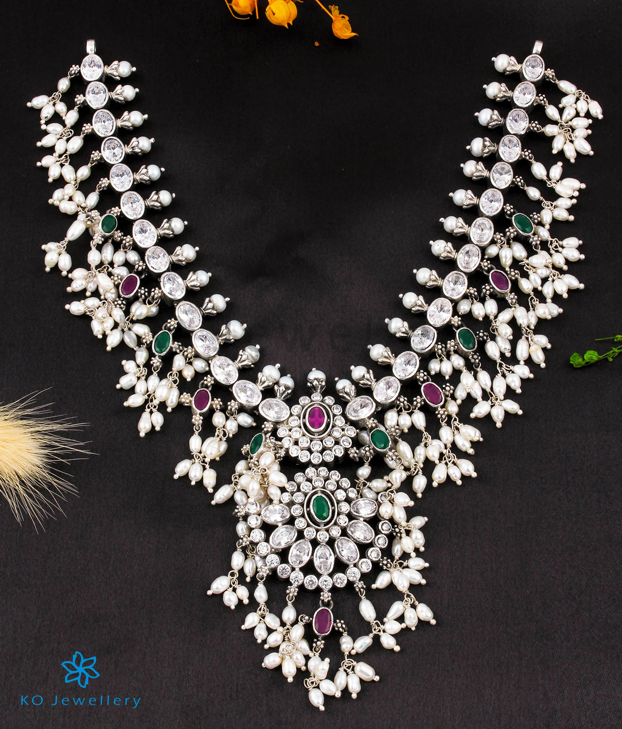 The Tarini Silver Guttapusalu Necklace- Medium(White/Oxidised)