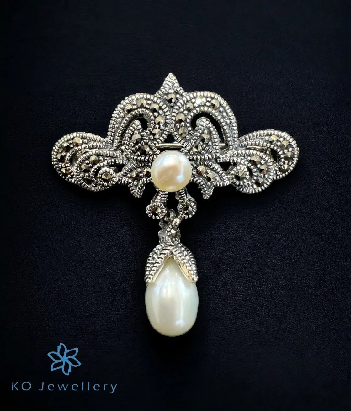 The Victorian Marcasite Pearl Silver Brooch