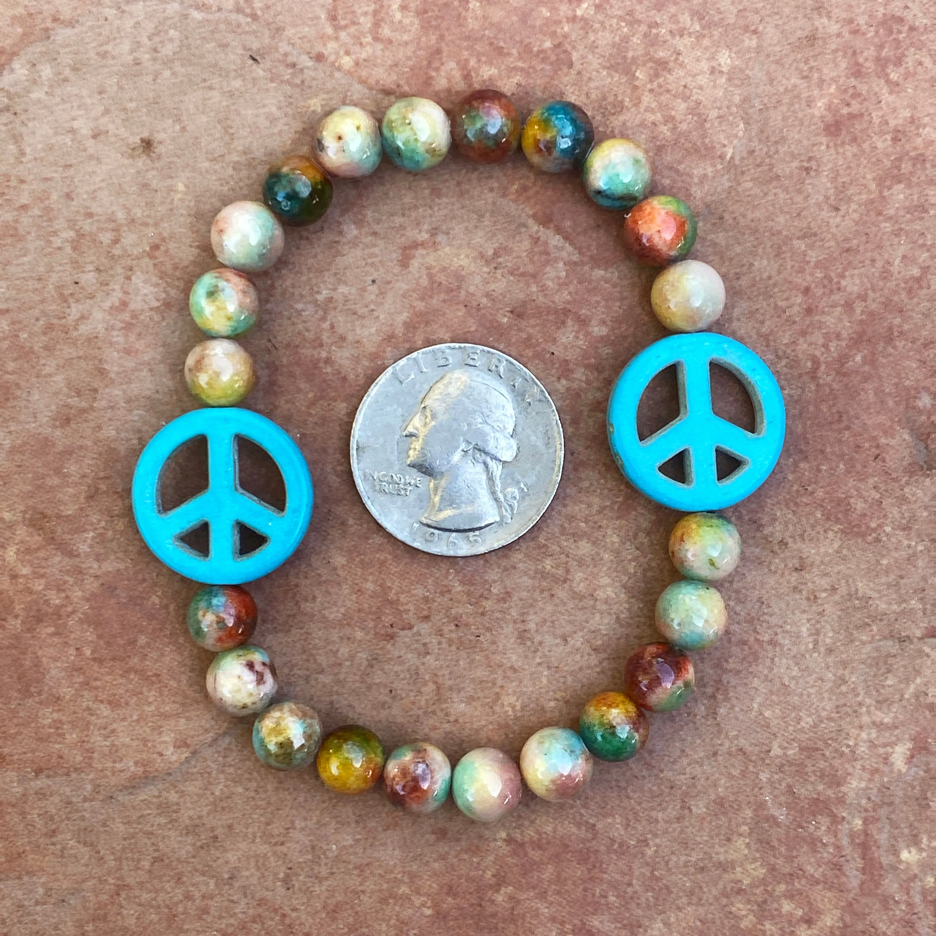 Turquoise Howlite Peace and Rainbow Jade Stretch Bracelet Men’s Sizes