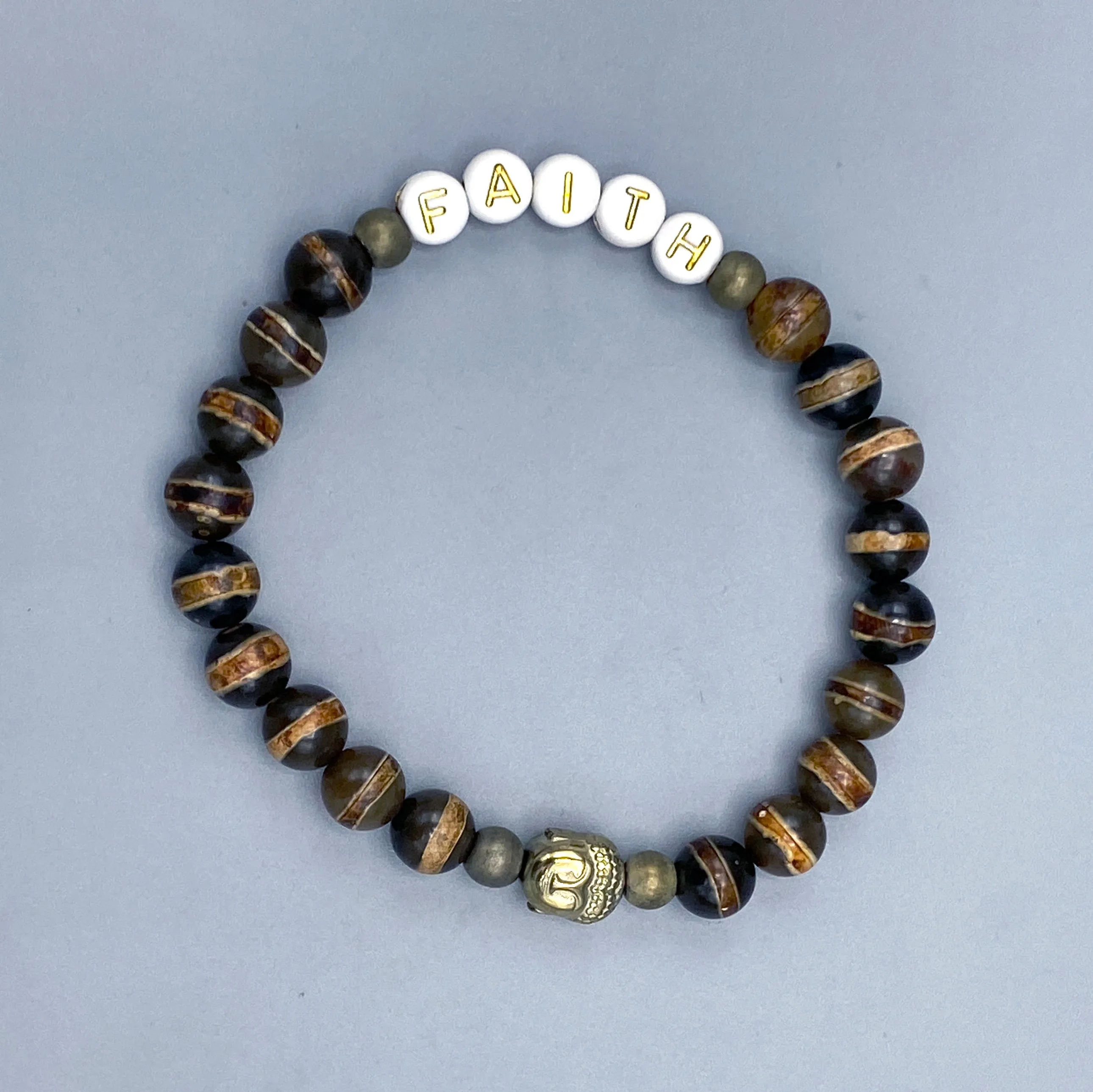 Unisex Tibetan Agate and Hematite Gemstone Buddha “FAITH” Bracelet