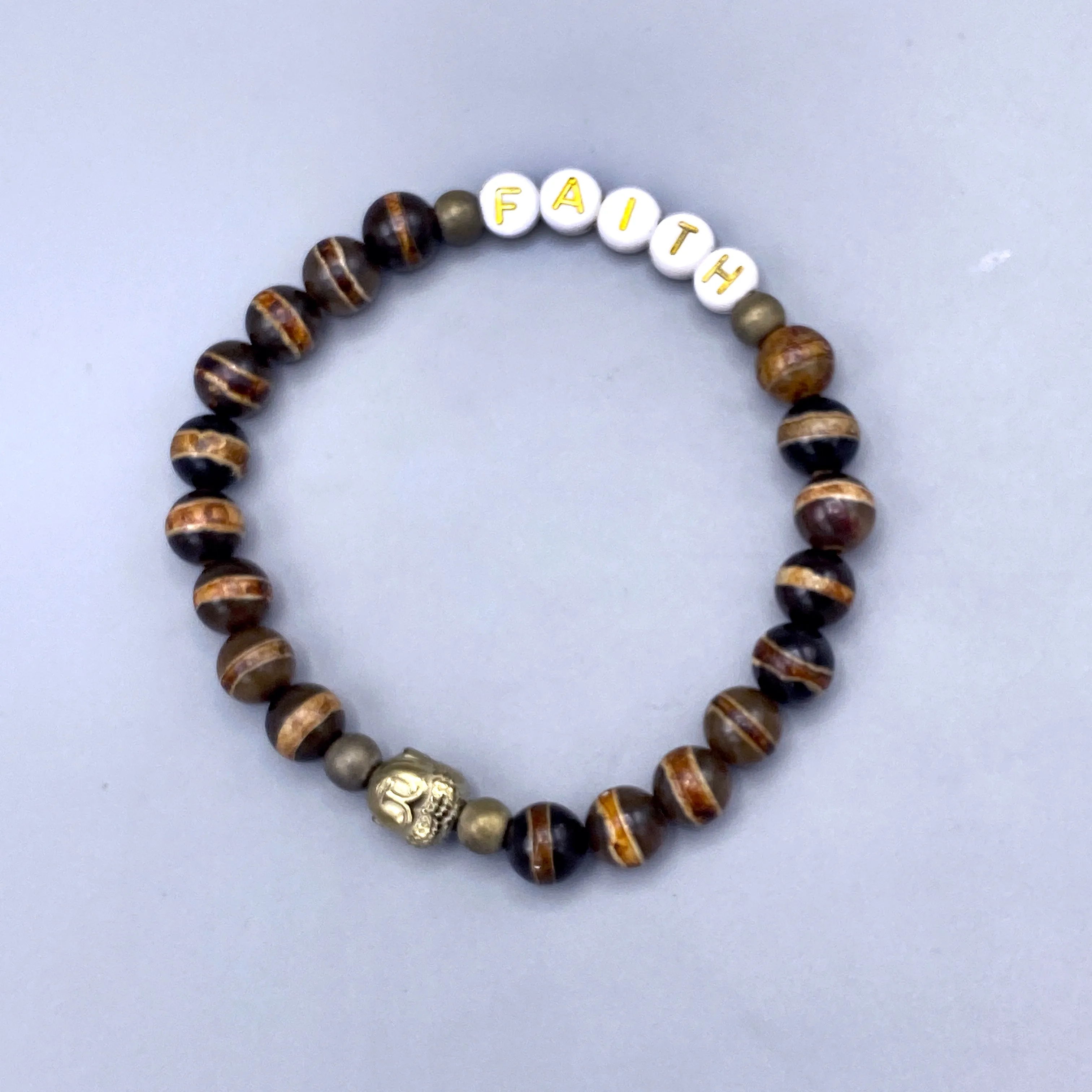 Unisex Tibetan Agate and Hematite Gemstone Buddha “FAITH” Bracelet