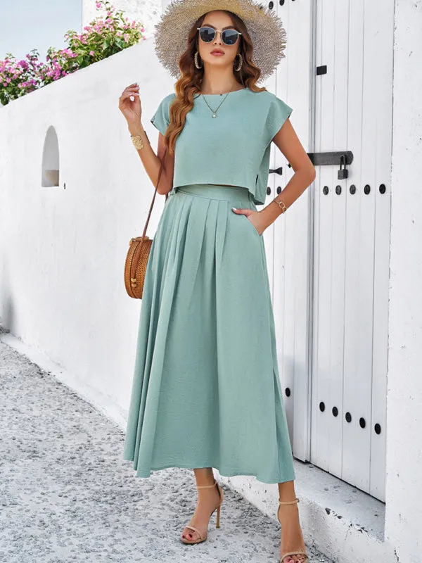 Women's Cap Sleeve Top And Matching Long Length Flowy Skirt Set