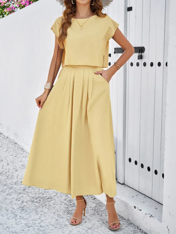 Women's Cap Sleeve Top And Matching Long Length Flowy Skirt Set